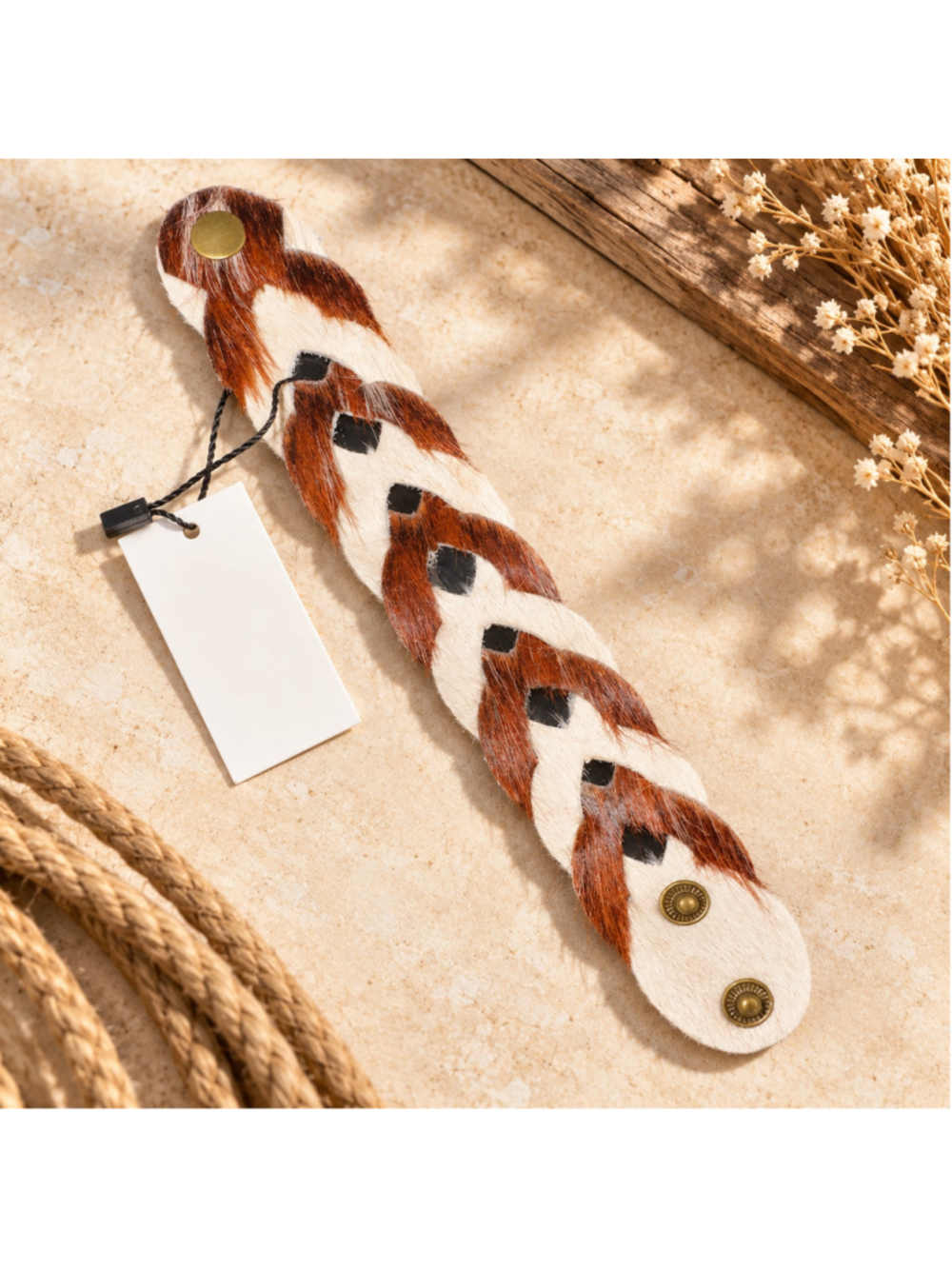 BAALAY Braided Genuine Cowhide Hair-on-Hide Cuff Bracelet Brown White